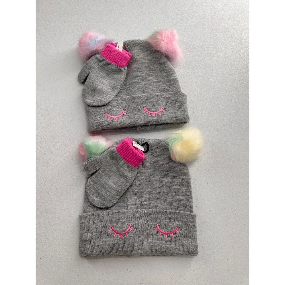 Cute Gray Knit Beanie & Mittens Set With Multicolor Pom Poms Girls Winter‎ Hat
